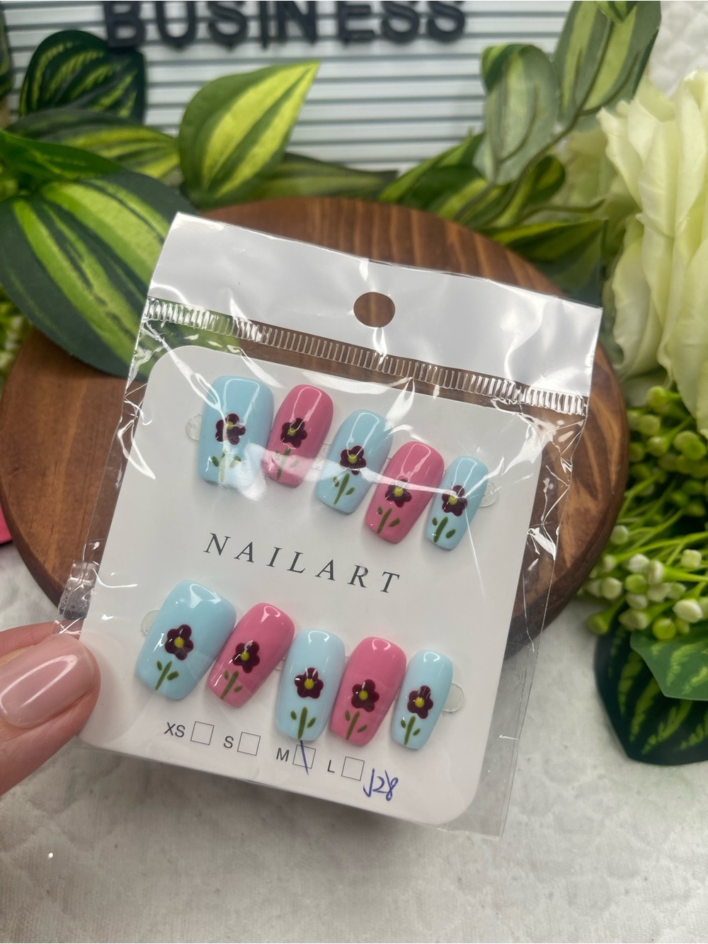Pink Blue Floral Press On Nails Medium Flower Nail Art Square Tips New